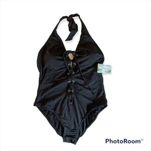 Envya One Piece Halter Lace Up Front Sexy Black Size Medium​​​​​​​​​​​​​​​​